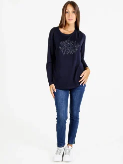 Coveri Moving T-shirt donna a maniche lunghe con strass - blu scuro