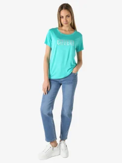 Coveri Moving T-shirt donna in viscosa con strass - acqua marina