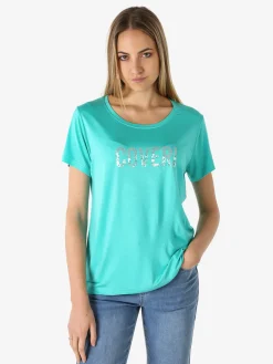 Coveri Moving T-shirt donna in viscosa con strass - acqua marina