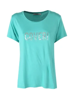 Coveri Moving T-shirt donna in viscosa con strass - acqua marina
