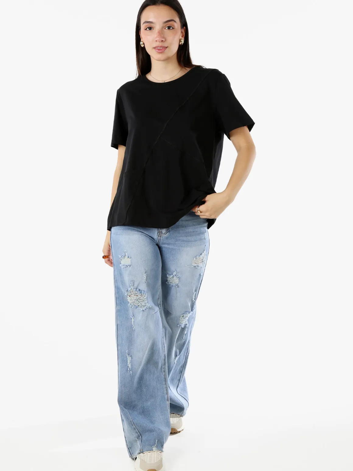 158c T-shirt donna oversize in cotone con taschino sul fondo - nero
