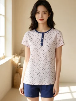 De Fonseca Pigiama corto da donna in cotone con t-shirt stampata e shorts - blu