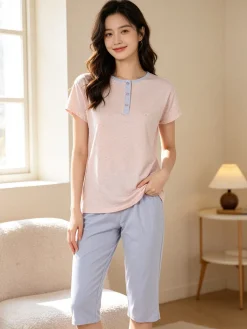 De Fonseca Pigiama donna in cotone a maniche corte e pantaloni a pinocchietto - blu
