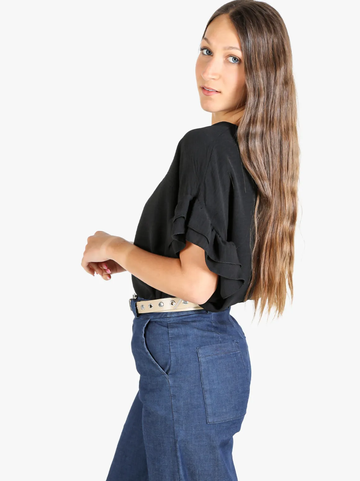 Deva Moda Blusa donna con maniche corte a balze