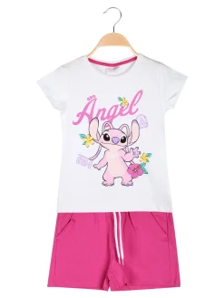 Disney Lilo & Stitch Completo corto da bambina in cotone con t-shirt e shorts con coulisse - bianco