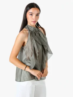 Doremi Top donna con volant e allacciatura al collo - bianco
