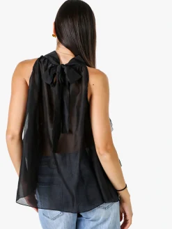 Doremi Top donna con volant e allacciatura al collo - nero