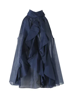 Doremi Top donna con volant e allacciatura al collo - blu scuro
