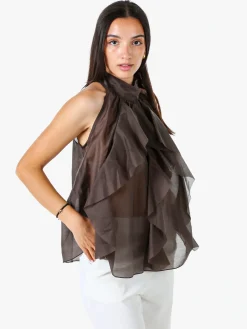 Doremi Top donna con volant e allacciatura al collo - grigio scuro