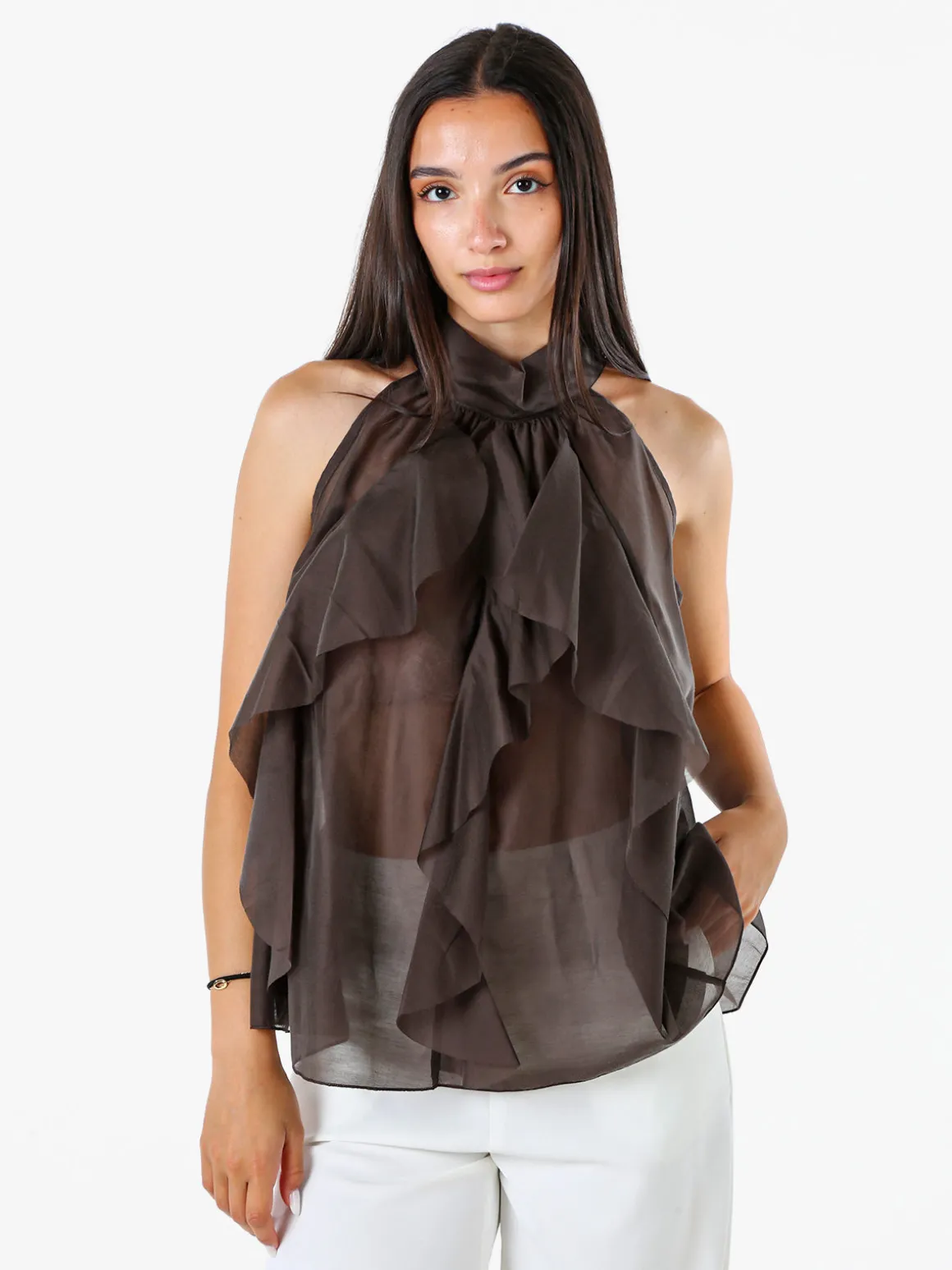 Doremi Top donna con volant e allacciatura al collo - grigio scuro