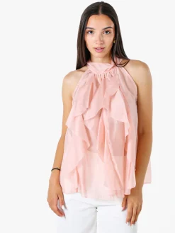 Doremi Top donna con volant e allacciatura al collo - rosa
