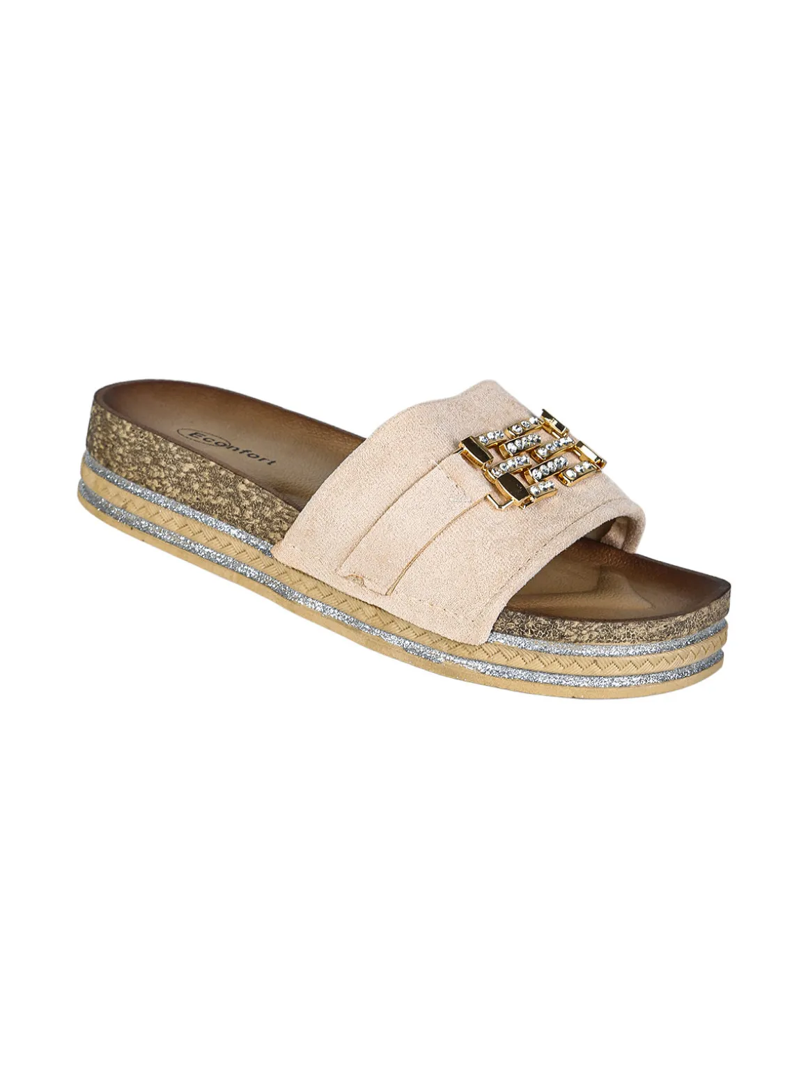 Econfort Ciabatte donna gioiello con strass e platform - beige