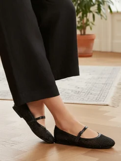 Energy Ballerine da donna in tulle con strass e cinturino con fibbia - nero