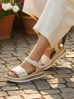 Energy Sandali donna con fascia a strappo e zeppa - panna