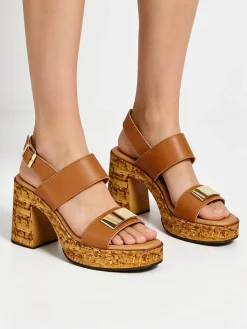 Feeling Sandali donna con tacco largo e plateau - cuoio