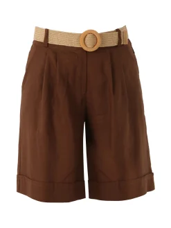 Frenetika Bermuda donna in misto lino con cintura in rafia - marrone