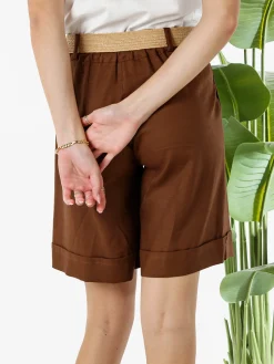Frenetika Bermuda donna in misto lino con cintura in rafia - marrone