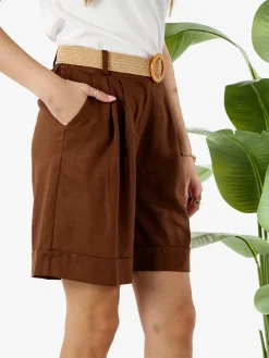 Frenetika Bermuda donna in misto lino con cintura in rafia - marrone