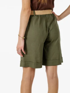 Frenetika Bermuda donna in misto lino con cintura in rafia - militare