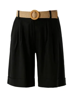 Frenetika Bermuda donna in misto lino con cintura in rafia - nero