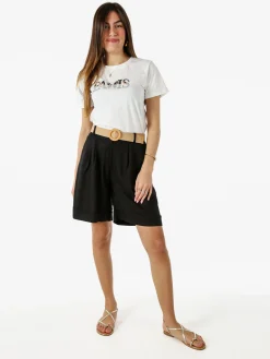 Frenetika Bermuda donna in misto lino con cintura in rafia - nero