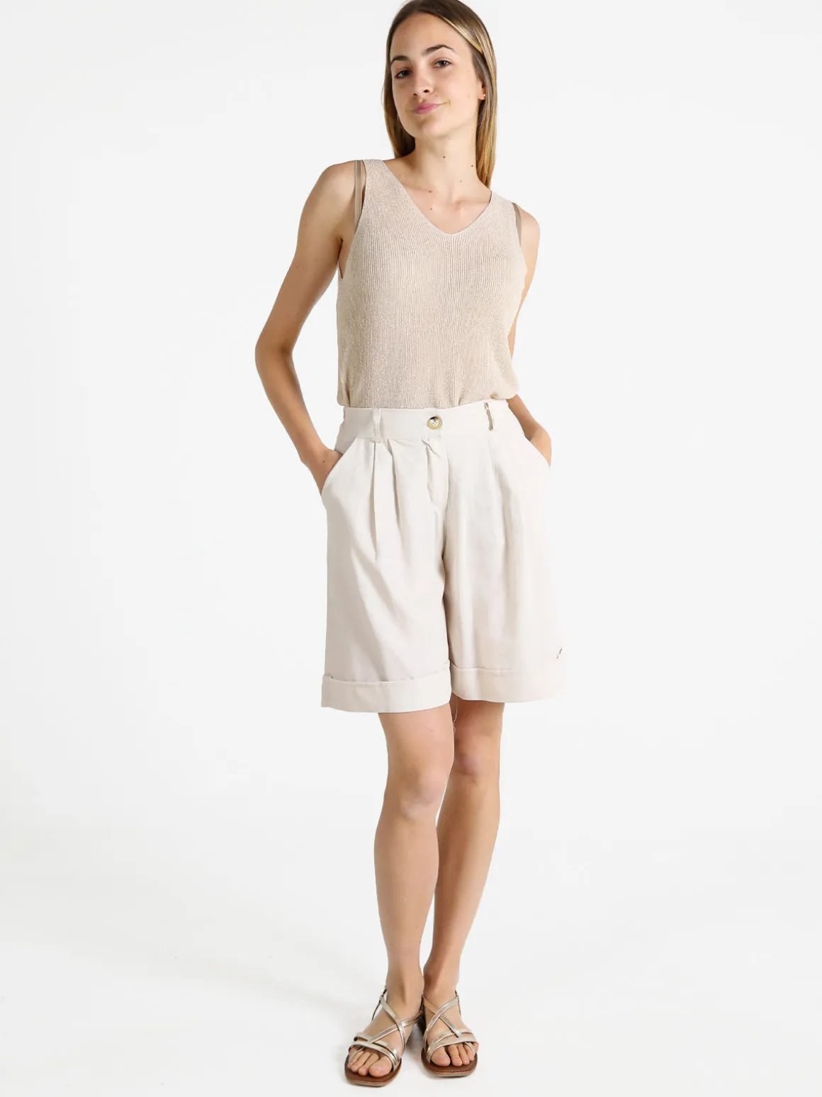 Frenetika Bermuda donna in misto lino con risvolto