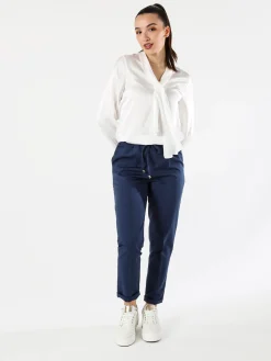 Frenetika Pantaloni donna casual con elastico in vita e risvolto sul finale - blu scuro