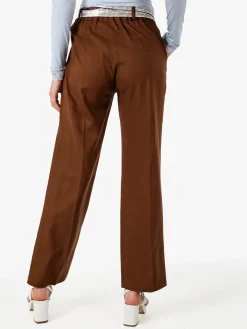 Frenetika Pantaloni donna in misto lino a gamba dritta con cintura a foulard - marrone