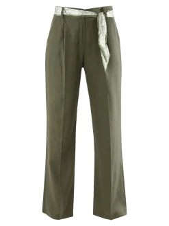 Frenetika Pantaloni donna in misto lino a gamba dritta con cintura a foulard - militare