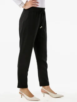 Frenetika Pantaloni donna in misto lino con risvolti - nero