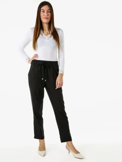 Frenetika Pantaloni donna in misto lino con risvolti - nero
