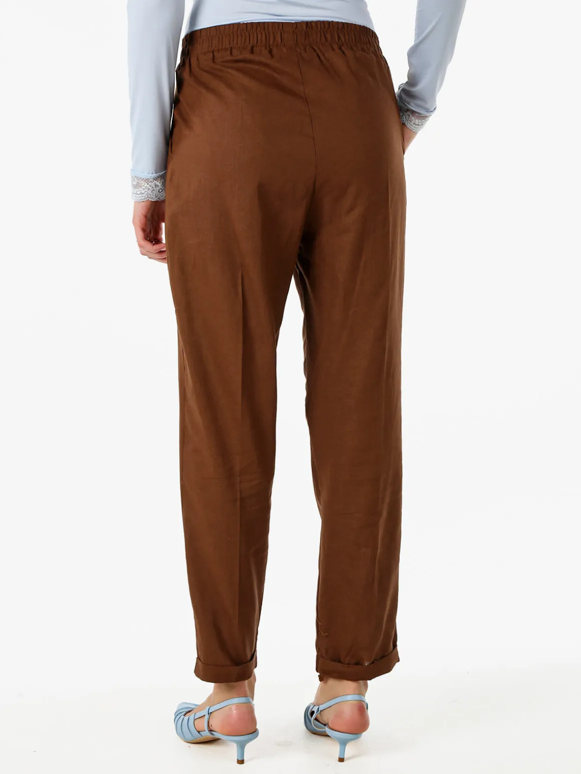 Frenetika Pantaloni donna in misto lino con risvolti - marrone