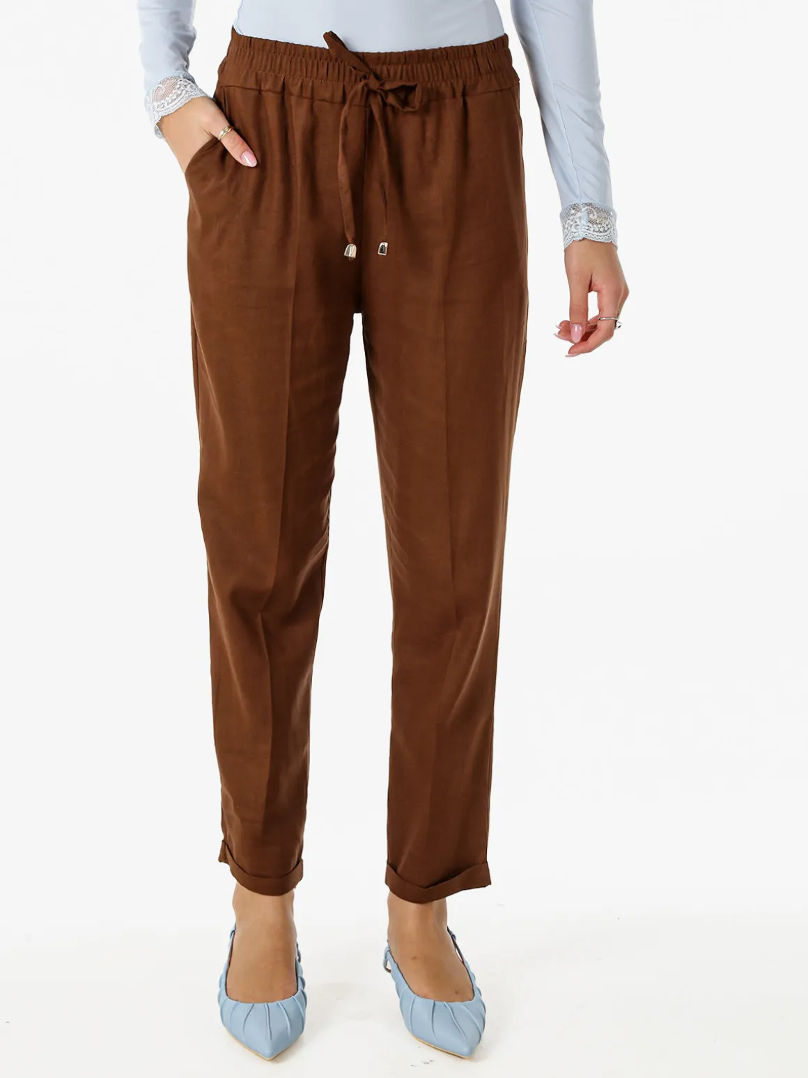 Frenetika Pantaloni donna in misto lino con risvolti - marrone