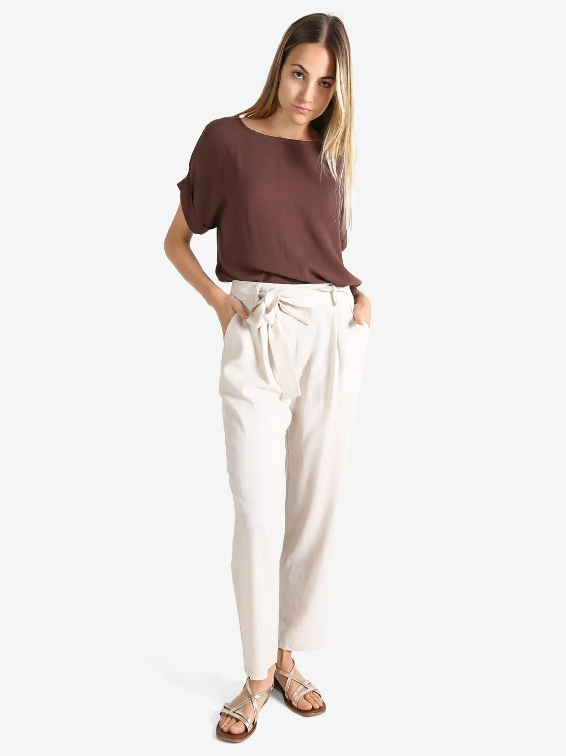 Frenetika Pantaloni donna in misto lino con cintura