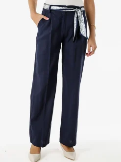 Frenetika Pantaloni donna in misto lino a gamba dritta con cintura a foulard - blu