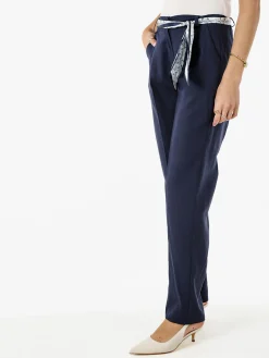Frenetika Pantaloni donna in misto lino a gamba dritta con cintura a foulard - blu