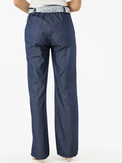 Frenetika Pantaloni donna in cotone a gamba dritta con cintura a foulard -blu