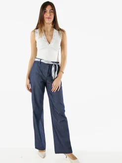 Frenetika Pantaloni donna in cotone a gamba dritta con cintura a foulard -blu