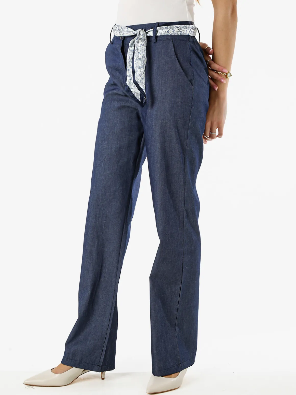 Frenetika Pantaloni donna in cotone a gamba dritta con cintura a foulard -blu