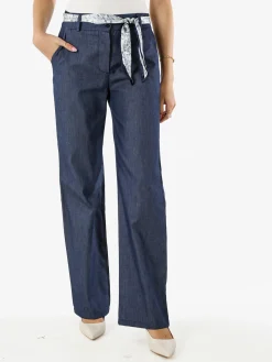 Frenetika Pantaloni donna in cotone a gamba dritta con cintura a foulard -blu