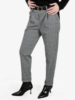 Frenetika Pantaloni donna pied de poule con cintura e risvolto finale - grigio