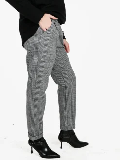 Frenetika Pantaloni donna pied de poule con cintura e risvolto finale - grigio