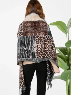 Gian Marco Venturi Mantella donna animalier con scollo in ecopelliccia