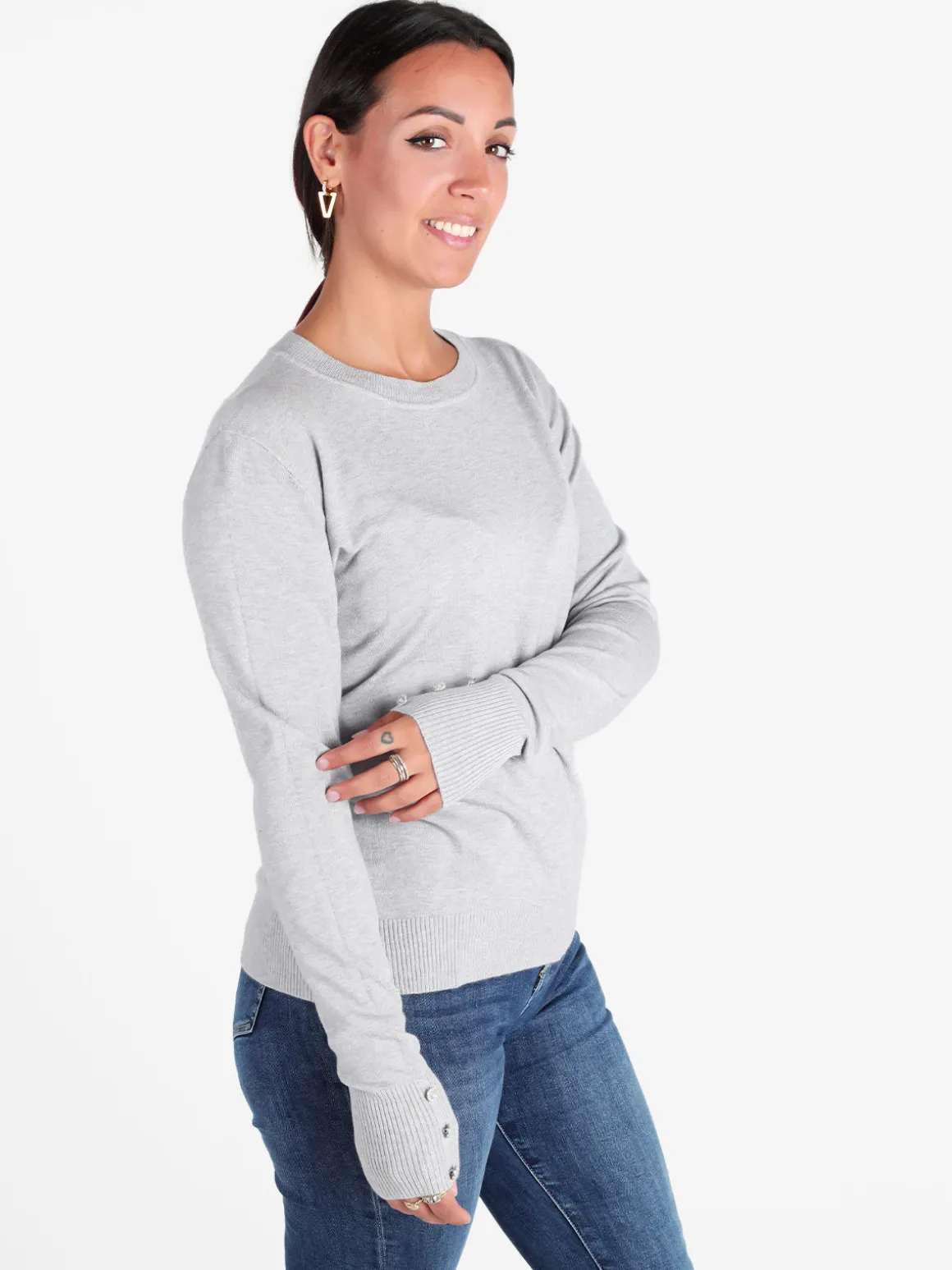Gian Marco Venturi Pullover girocollo in maglia da donna con bottoni gioiello sui polsini