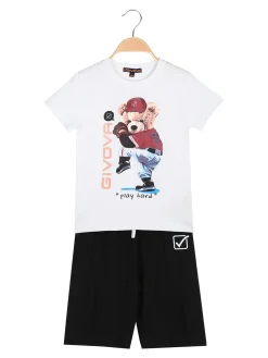 Givova Completo corto da bambino in cotone con t-shirt orsacchiotto e bermuda - bianco