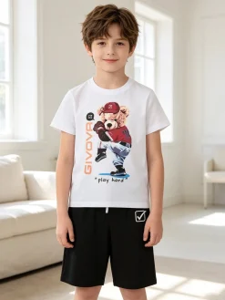 Givova Completo corto da bambino in cotone con t-shirt orsacchiotto e bermuda - bianco