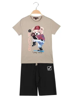 Givova Completo corto da bambino in cotone con t-shirt orsacchiotto e bermuda - sabbia