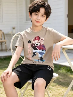 Givova Completo corto da bambino in cotone con t-shirt orsacchiotto e bermuda - sabbia