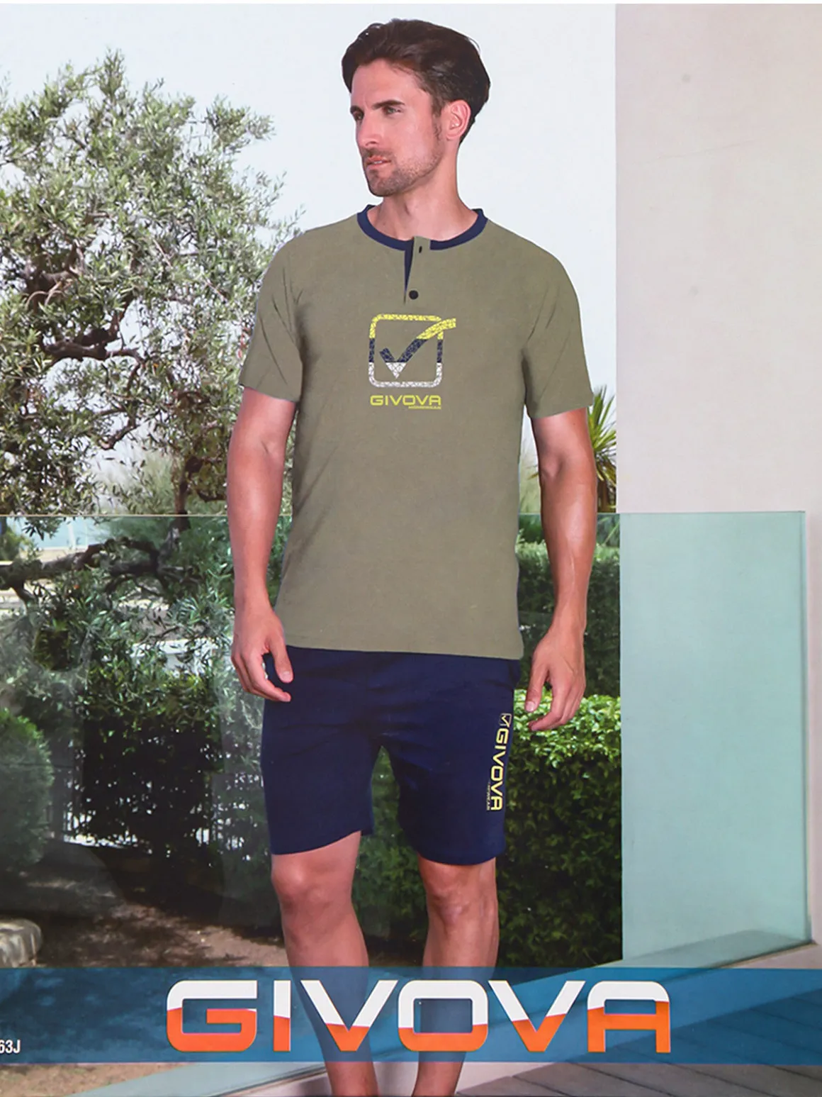 Givova Pigiama corto da uomo in misto cotone con logo - militare