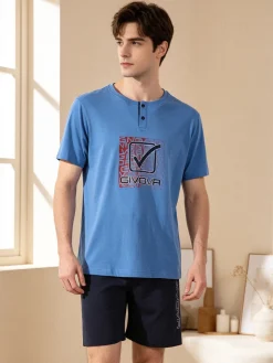 Givova Pigiama corto da uomo in misto cotone con logo - blu